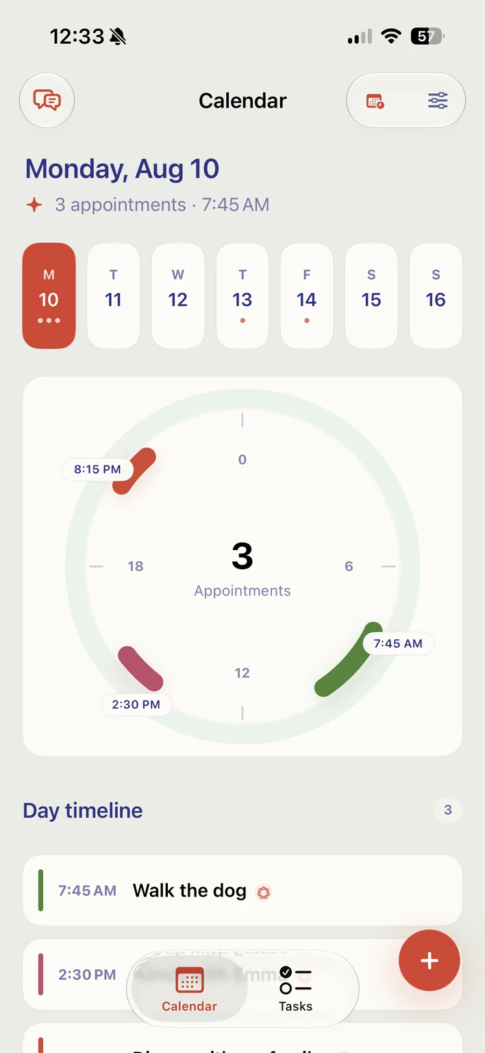 Your day at a glance. The day clock, calendar and tasks work together in one calm view.