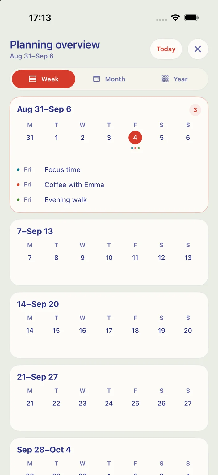 Planning Overview – From your week to your month and year: change perspective and keep your events in view.